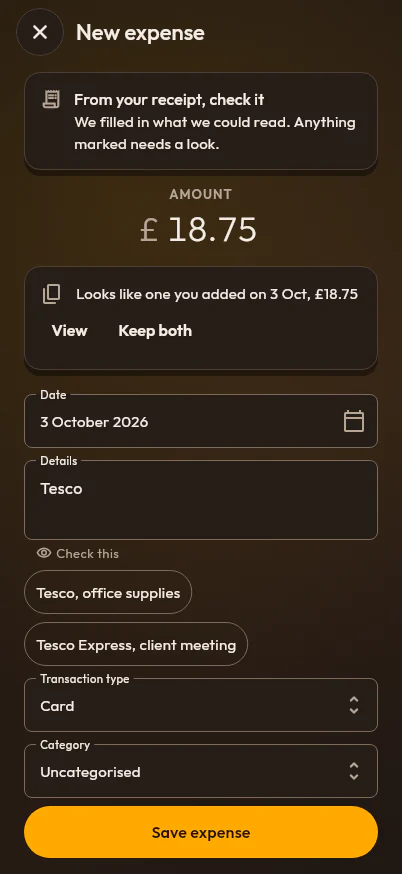 A new expense filled in from a scanned receipt: £18.75 at Tesco on 3 October 2026, with a note that it looks like one already added.