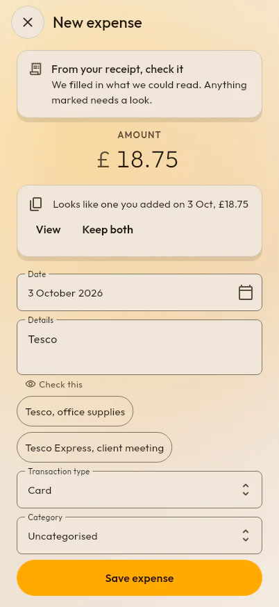 A new expense filled in from a scanned receipt: £18.75 at Tesco on 3 October 2026, with a note that it looks like one already added.