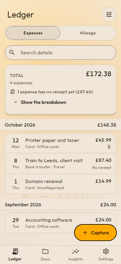 The PencePal ledger on a phone: October 2026’s expenses with their totals, and one expense still waiting for a receipt.