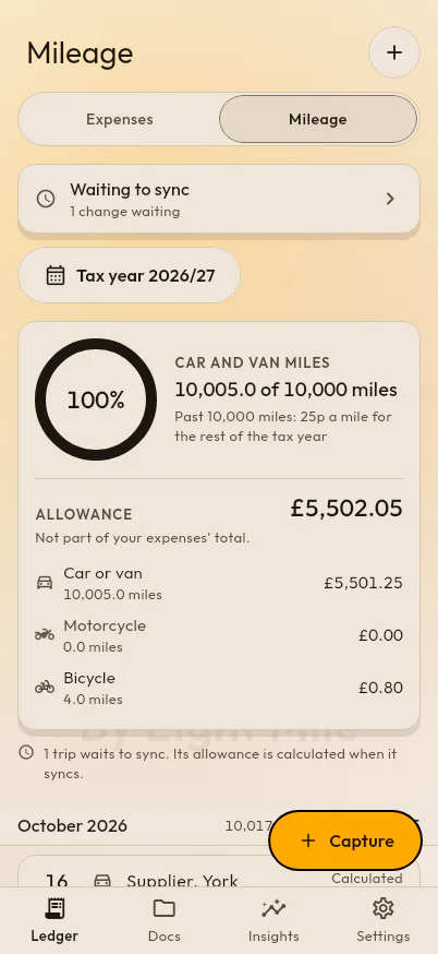 The PencePal mileage log: 10,005.0 car and van miles in the 2026/27 tax year, past the 10,000-mile threshold, and the allowance by vehicle.